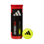 Adidas Speed RX red padel balls front view with container and yellow ball on white background