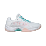 Nox AT10 Lux white padel shoes for women, side view showing turquoise and pink details